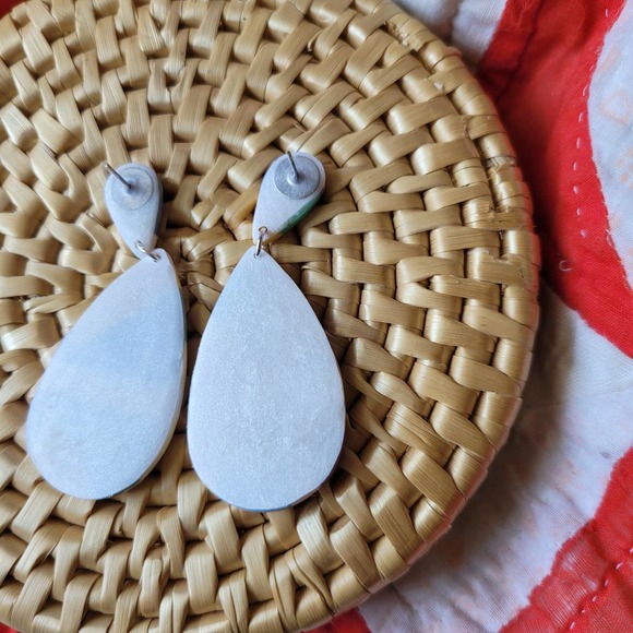 Patchwork Quilt Earrings Polymer Clay Teardrop - Picture 3 of 4